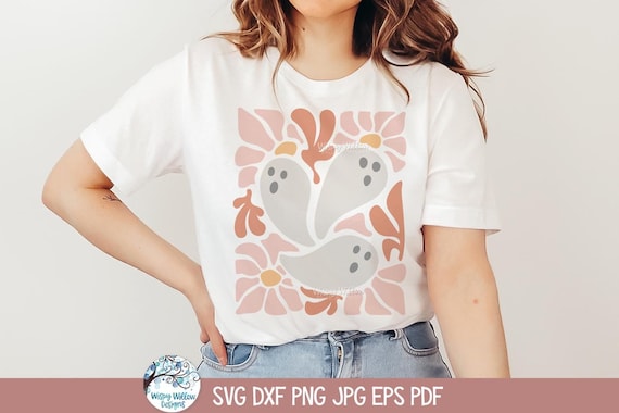 Floral Halloween Ghosts SVG for Cricut, Cute Fall Halloween Shirt Design PNG, Halloween Flowers JPG Printable, Boho Vinyl Decal Cut File