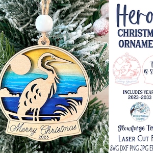 Reiher Weihnachtsverzierung SVG-Datei für Glowforge oder Laser Cutter, Reiher Kranich Vogel, Frohe Weihnachten, Strand Ornament, See Ornament