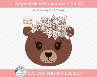 Bear SVG for Cricut, Girl Teddy Bear Face with Flowers, Cute Baby Bear Mandala, Floral Animal Clipart Png, Vinyl Decal Cut File for Download