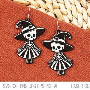 Witch Skeleton Earring SVG File for Laser Cutter, Spooky Halloween Jewelry for Glowforge, Xtool, Fall Witch with Hat Earring Design, DXF