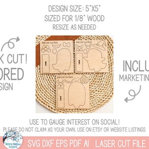 May include: Three square light-colored wooden panels featuring laser-cut shapes for a build-your-own ghost project. Each panel includes a ghost outline, accessories, and a base stand. Text reads: DESIGN SIZE: 5"X5", SIZED FOR 1/8" WOOD, QUICK CUT! SCORED DESIGN.