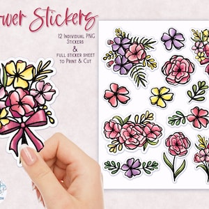 Flower Stickers PNG, Printable Flower Stickers, Floral Printable Stickers, Flowers Png, Cricut Print and Cut, Flower Sticker Sheet Png