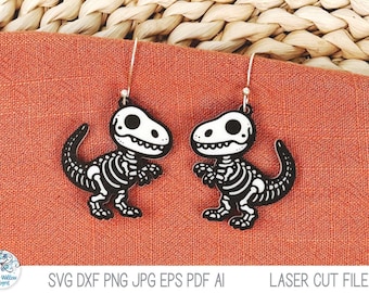 T Rex Dinosaur Skeleton Earring SVG File for Laser Cutter, Spooky Halloween Jewelry for Glowforge, Xtool, Funny Fall Animal Earring Design