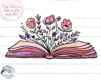 Boek met bloemen sublimatie PNG, bloemenboek PNG, boek met groeiende bloemen, vintage boek, lezen, lezen, roze boek PNG, Jpg, sublimatie