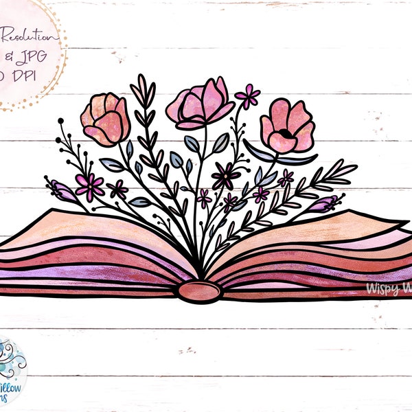 Book with Flowers Sublimation PNG, Floral Book PNG, Book with Flowers Growing, Vintage Book, Reading, Read, Pink Book Png, Jpg, Sublimation