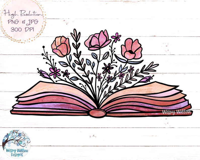 Op de afbeelding: Een aquarel-illustratie van een open boek met roze bloemen die eruit groeien. Het boek is gesloten en heeft een aquareleffect. De bloemen zijn roze en wit en hebben groene bladeren.