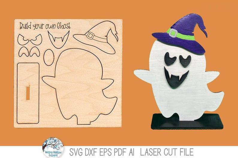 May include: A laser-cut wooden craft kit labeled Build your own Ghost, featuring a flat sheet with cutouts for a ghost body, witch hat, and facial features, alongside an assembled, painted white ghost figure wearing a purple hat.