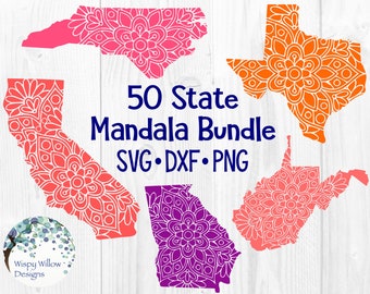 May include: A digital download of 50 state mandala designs in SVG, DXF, and PNG formats. The image shows four examples of the designs, including North Carolina, Texas, California, and Georgia.