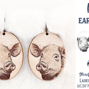 Pig Earring SVG File for Glowforge or Laser Cutter, Farm Animal Engraved Jewelry, Realistic Pig Earrings, Digital Download Cut and Engrave
