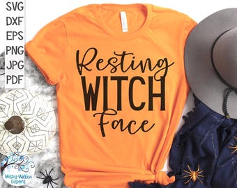 May include: A bright orange short-sleeved t-shirt featuring the black text Resting WITCH Face printed on the front. The shirt is displayed alongside a white pumpkin, a grey hat, and a dark blue fabric, with file format text SVG DXF EPS PNG JPG PDF.