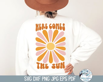 Ecco che arriva il sole SVG per Cricut, design retrò per maglietta estiva, fiore retrò, design per maglietta estiva da donna, JPG, PNG, file per adesivo in vinile