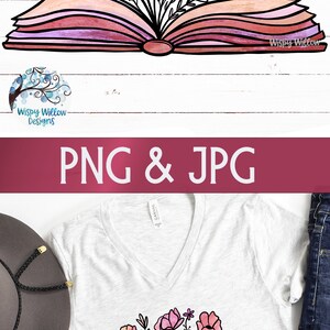 Op de afbeelding: Een sublimatieontwerp met een aquarelillustratie van een boek met roze en paarse bloemen die eruit groeien. Het ontwerp is perfect voor het maken van aangepaste T-shirts, mokken, draagtassen en andere artikelen.