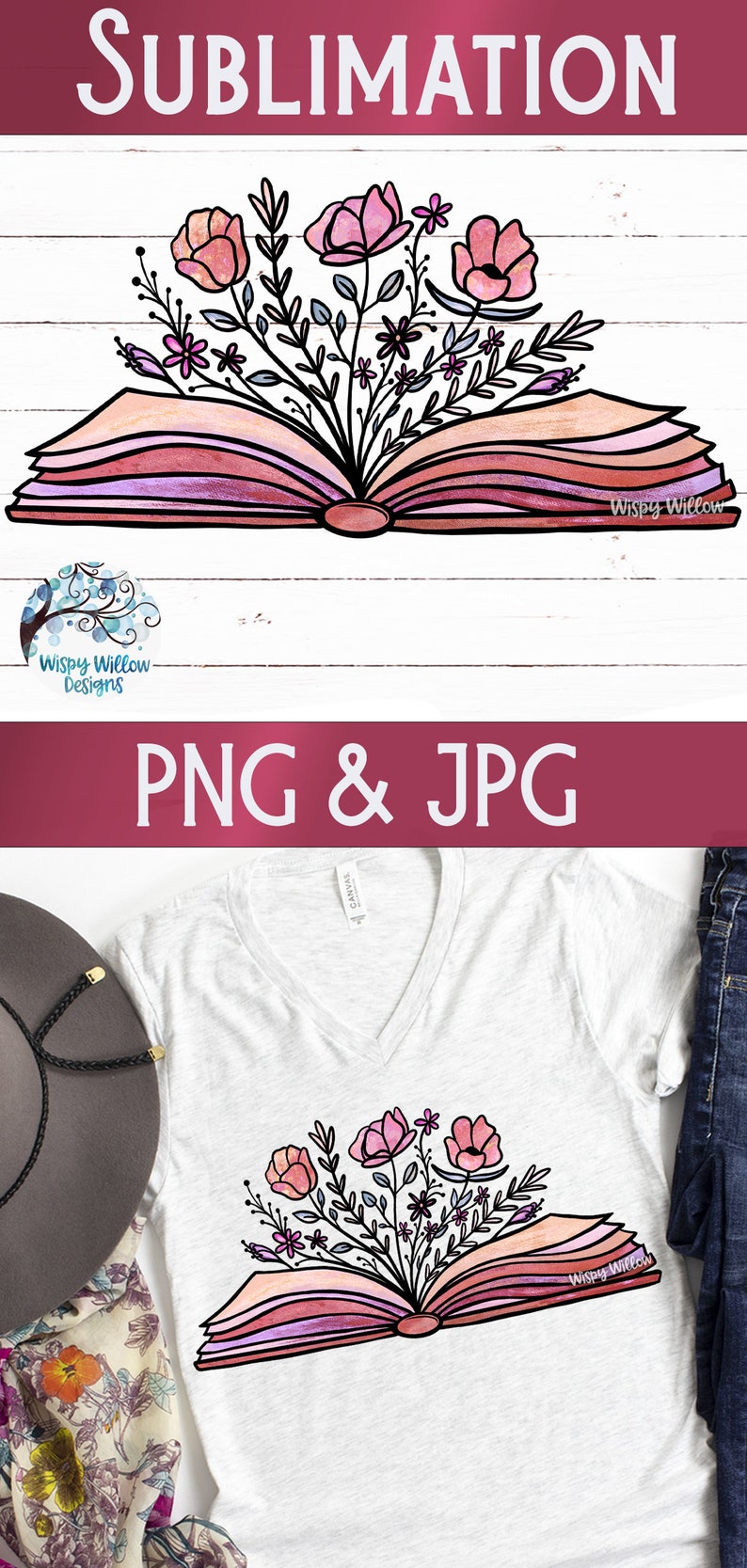 Op de afbeelding: Een sublimatieontwerp met een aquarelillustratie van een boek met roze en paarse bloemen die eruit groeien. Het ontwerp is perfect voor het maken van aangepaste T-shirts, mokken, draagtassen en andere artikelen.