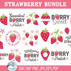 Aardbei SVG-bundel voor Cricut, zomerfruit silhouet clipart PNG, Welcome to The Berry Patch, Sweetest Berry, Summer Kitchen Sign JPG