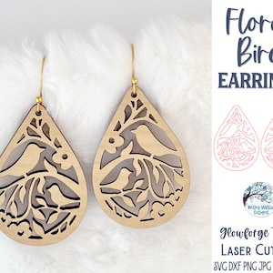 Floral Bird Earring File for Glowforge or Laser Cutter, Boho Branch Wood Earring, Glowforge Jewelry Craft, Animal Laser Cut Earring File