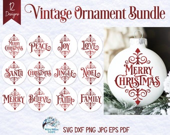 Vintage Christmas Ornament SVG Bundle, Ornament SVGs, Round Christmas Ornament SVG Files, Merry Christmas, Png, Vinyl Decal File for Cricut