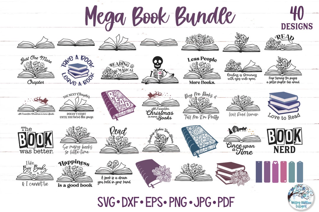 Mega Book Icon Mega Book SVG Bundle, Floral Book Svgs, Pretty Book Quotes With Flowers ...