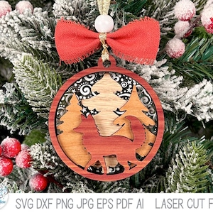 Fichier SVG de décoration de Noël renard pour découpeuse au laser, animal de la forêt en couches, ornement rond d'arbre de vacances d'hiver, Glowforge, xTool