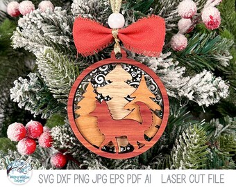 Fox Christmas Ornament SVG File for Laser Cutter, Layered Woodland Forest Animal, Winter Holiday Tree Round Ornament, Glowforge, xTool