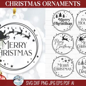 Lot de fichiers SVG joyeux Noël ornement pour Cricut, joyeuses fêtes cercle rond père Noël, cadeau de vacances hiver flocon de neige, vinyle ou laser