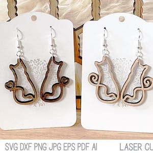Fichier boucles d'oreilles chat pour découpe laser Glowforge, dessin au trait chat avec boucle d'oreille en bois queue de coeur, bijoux Xtool pour animaux de compagnie, fichier boucles d'oreilles animaux découpés au laser
