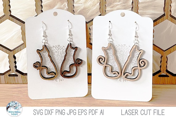 Cat Earring File for Glowforge Laser Cutter, Cat Line Drawing with Heart Tail Wood Earring, Xtool Pet Jewelry, Animal Laser Cut Earring File