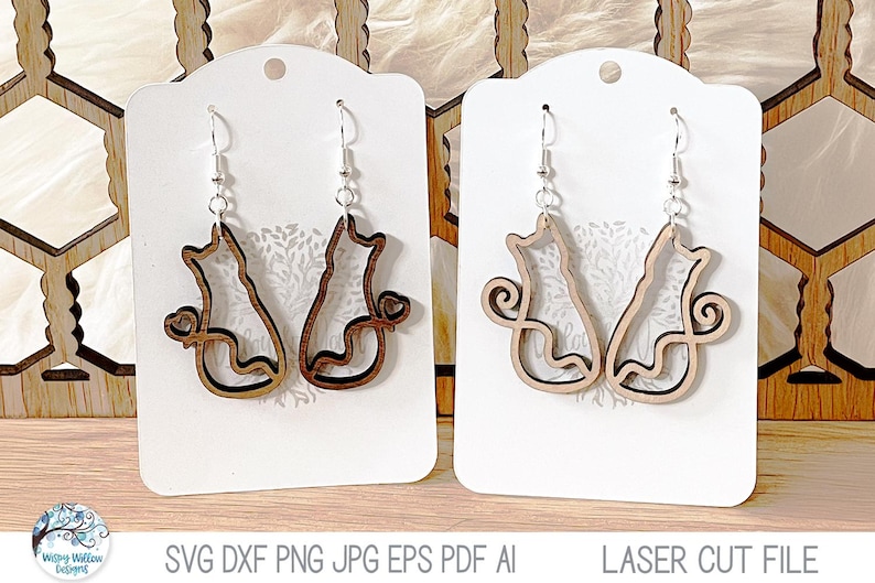 Cat Earring File for Glowforge Laser Cutter, Cat Line Drawing with Heart Tail Wood Earring, Xtool Pet Jewelry, Animal Laser Cut Earring File image 1