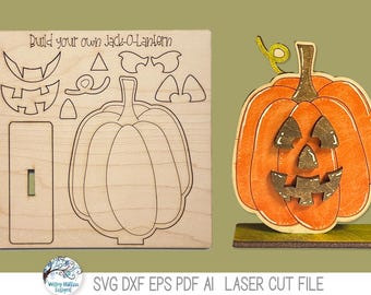 Halloween Jack O Lantern pompoen pop-out kit SVG-bestand voor lasersnijder, bouw je eigen stand-up bord, DIY Fall Score schilderij set, Glowforge