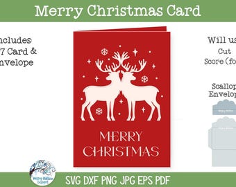 Merry Christmas Card SVG File for Cricut, Reindeer Silhouettes with Snowflakes, Winter Holiday Cardstock Greeting Card with Envelope