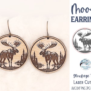 Moose Earring SVG File for Glowforge or Laser Cutter, Elk Woodland Animal Earrings, Camping, Hiking, Outdoors Engraved Wood Jewelry Cut File
