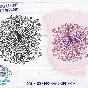 Dragonfly-mandala SVG, zomerbloemen Dragonfly Zentangle, ingewikkelde libel en bloemenmandala, kleuren, vinyl decal gesneden bestand voor Cricut