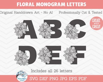Pacote de Arquivos SVG com Alfabeto Floral para Cricut, Letras Florais em SVG, Letras de Primavera com Flores em DXF, Iniciais de Monograma, Letras Mandala, PNG e JPG