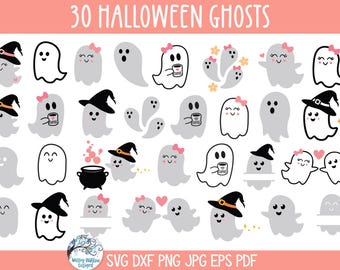 May include: A digital collection of 30 Halloween ghosts in various poses, featuring grey and white figures with black outlines. Some ghosts wear black witch hats with orange bands, pink bows, or hold coffee mugs. Includes a black cauldron and hearts.