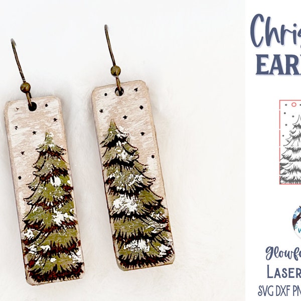 Christmas Tree Earring SVG for Glowforge or Laser Cutter, Winter Tree with Snow Earrings, Holiday Wood Rectangle Dangle Earring SVG File