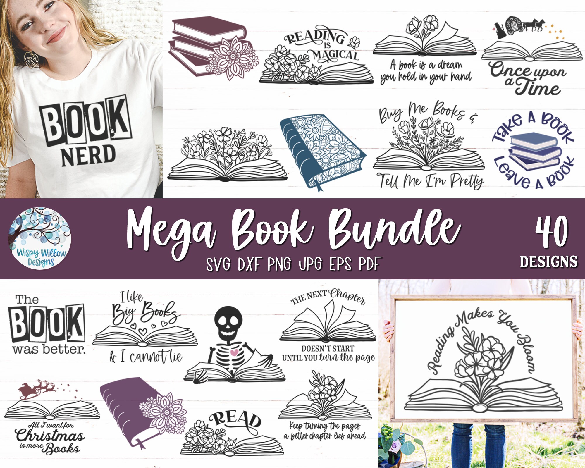 Mega Book Icon Mega Book SVG Bundle, Floral Book Svgs, Pretty Book Quotes With Flowers ...