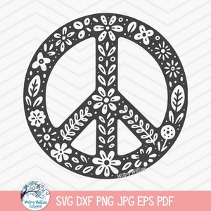 Fleur signe de la paix SVG pour Cricut, Boho fleurs sauvages, Doodles hippie plante chemise Design PNG, botanique, symbole de la paix couper fichier, Sublimation JPG,