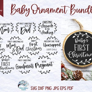 Paquete SVG de adornos navideños para Cricut, primera Navidad del bebé, anuncio de embarazo, decoración navideña de estilo rústico, primera Navidad como mamá