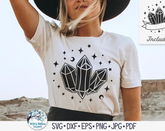 Rocce di cristallo mistiche con stelle magiche SVG per Cricut, Boho Witchy Shirt Design Png, Silhouette di cristalli curativi, File SVG di decalcomanie di pietre preziose