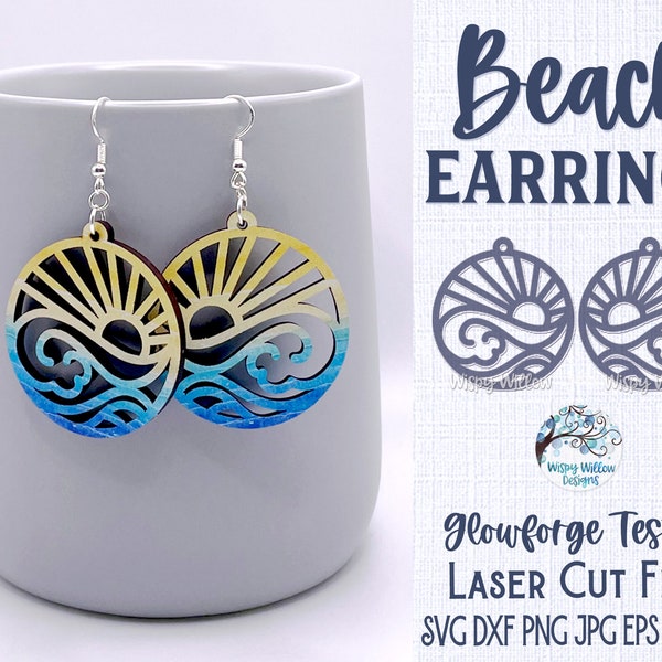 Beach Earring SVG File for Glowforge or Laser Cutter, Sunrise over Ocean Waves, Glowforge Jewelry Craft, Summer Sea Laser Cut Earring File