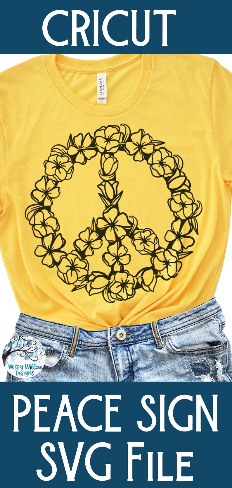 May include: A yellow t-shirt with a black peace sign made of flowers. The text "PEACE SIGN SVG FILE" is at the bottom of the image.