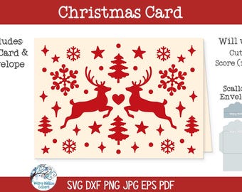Merry Christmas Reindeer Pattern Card SVG File for Cricut, Deer with Christmas Tree and Snowflakes, Winter Holiday Cardstock Greeting Card