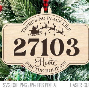 Archivo SVG de adorno navideño con código postal para cortadora láser, No hay lugar como el hogar para las fiestas, Papá Noel, Xtool, Glowforge, City