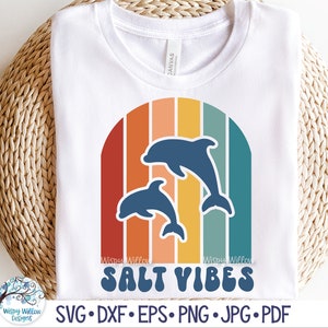 Salt Vibes Delfine SVG für Cricut, Retro Strand druckbare JPG für Sublimation, Sommer Strandurlaub Design Png, Vinyl Aufkleber Datei Download