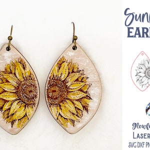 Brinco de girassol SVG para Glowforge ou cortador a laser, brincos de flores de outono, brincos pendurados de madeira floral, arquivo de girassóis gravados no verão