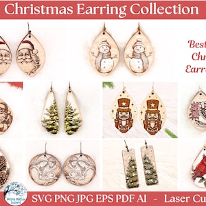 Paquete de archivos SVG para pendientes navideños para cortadora láser: Papá Noel, árbol de Navidad, cardenal, muñeco de nieve, cascanueces, joyería de invierno, archivo xTool navideño.