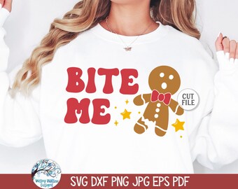 Bite Me SVG voor Cricut, grappig peperkoekmannetje, groovy retro grappige sublimatie PNG, sarcastische kerst JPG, vinyl sticker snijbestand
