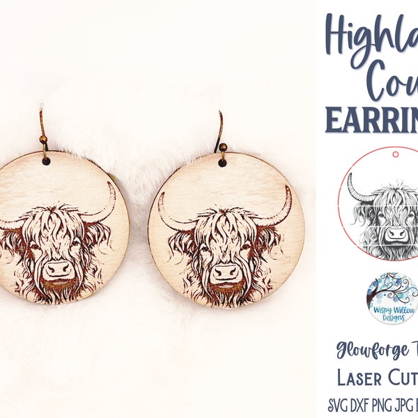 Highland Cow Round Earring SVG File for Glowforge or Laser Cutter, Boho Farm Animal Earrings, Farmhouse Earring SVG File, Dangle Earrings