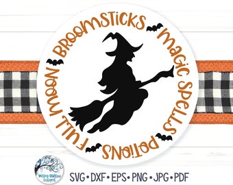 Halloween Witch SVG, Halloween Word Round, Fall Circle, Witches, Witch Sign Svg, Halloween Svg, Witch on Broom, Vinyl Decal File for Cricut