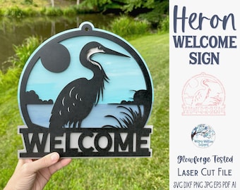 Heron Welcome Sign SVG File for Glowforge or Laser Cutter, Lake Home Decor Sign, Beach Sign, Crane Welcome Sign for House