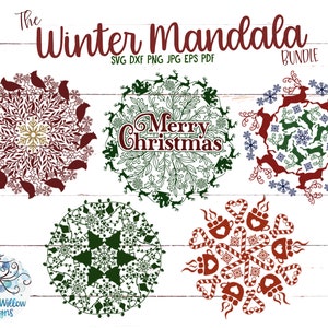 Wintermandala SVG-bundel, kerstmandalabundel, Merry Christmas-mandala Svg, kerst zentangle, kardinaal, rendier, kerstman, warme chocolademelk